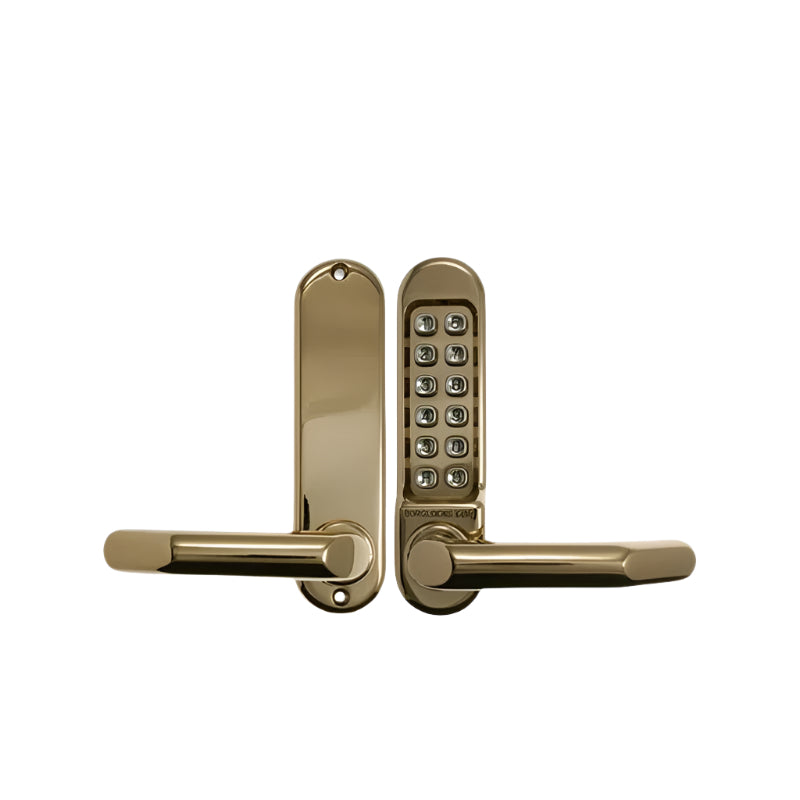 Gold electronic door handle with keypad on a white background