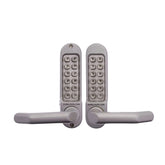 Pair of electronic door handles with keypad on a white background