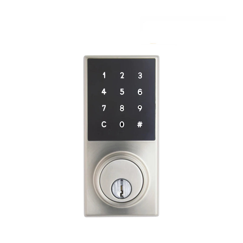 Digital door lock with keypad on a white background