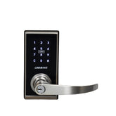 Digital door lock with keypad and handle on a white background, featuring the Carbine brand.
