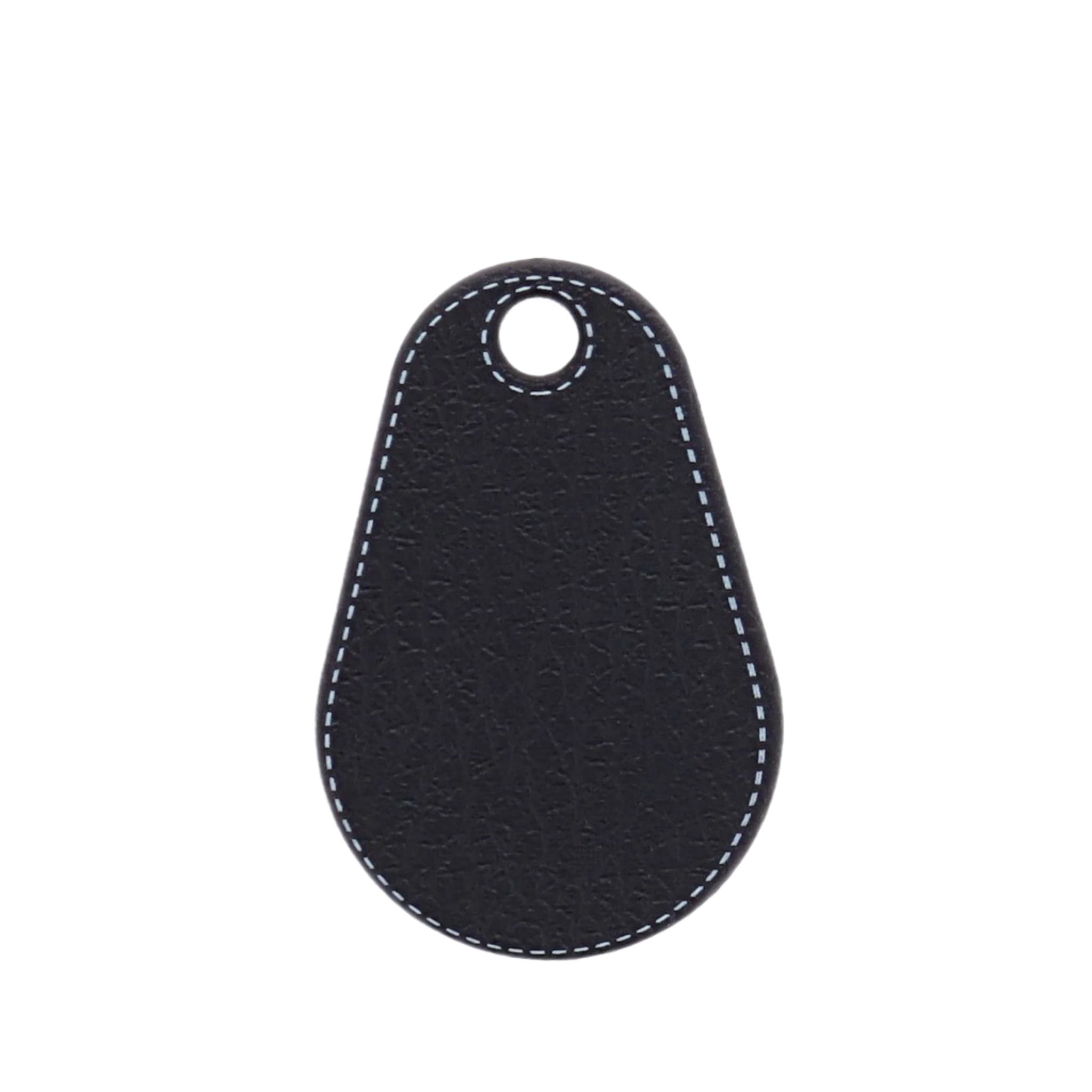 Black leather key tag with white stitching on a white background