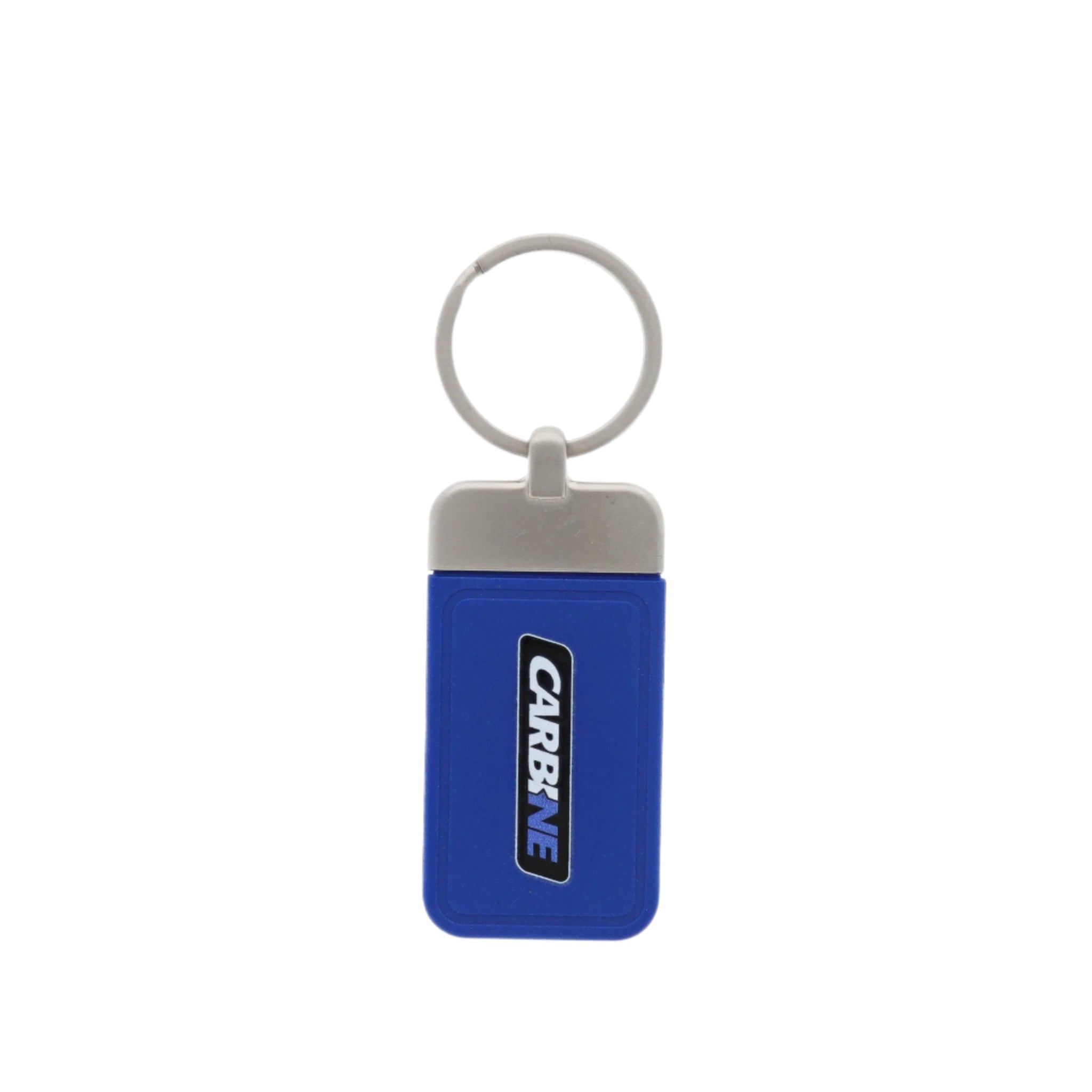 Blue keychain with a silver ring on a white background