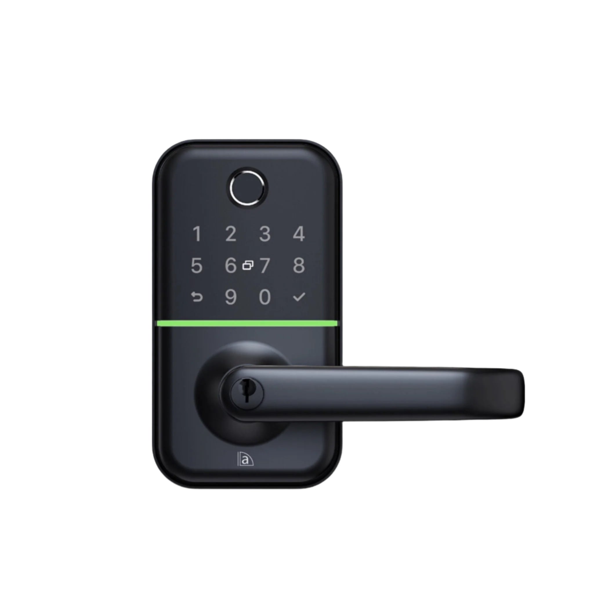 Black digital door lock with keypad on a white background