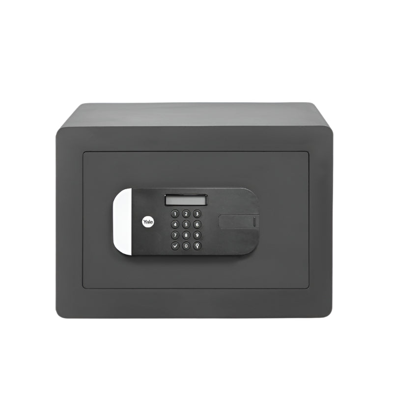 Black safe box with digital keypad on a white background