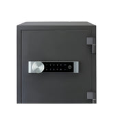 Black safe with digital keypad on a white background