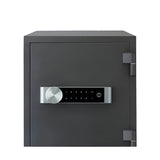 Black safe with digital keypad on a white background