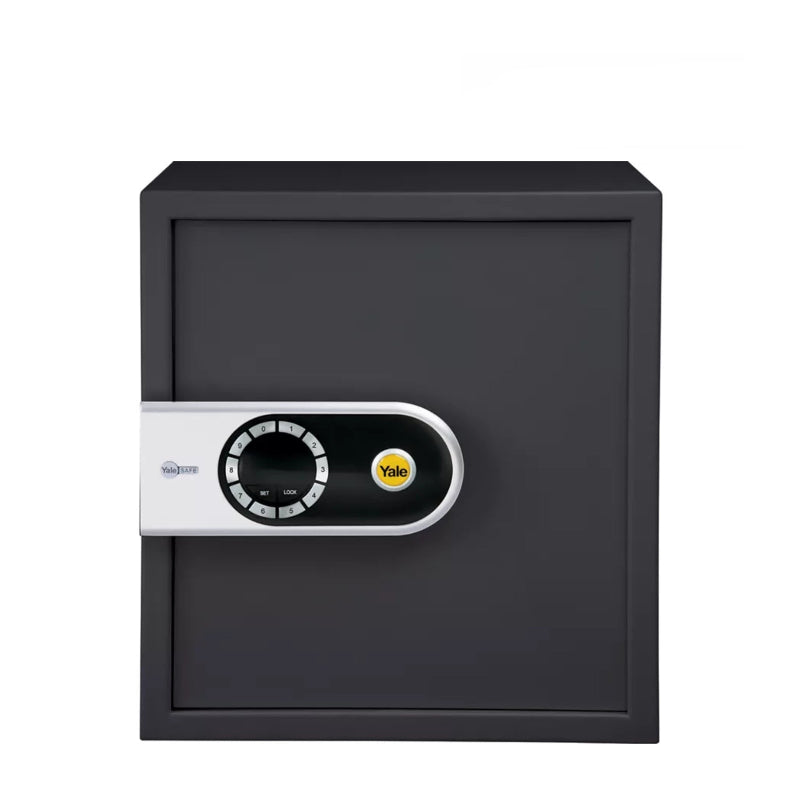 Black safe box with digital keypad on a white background