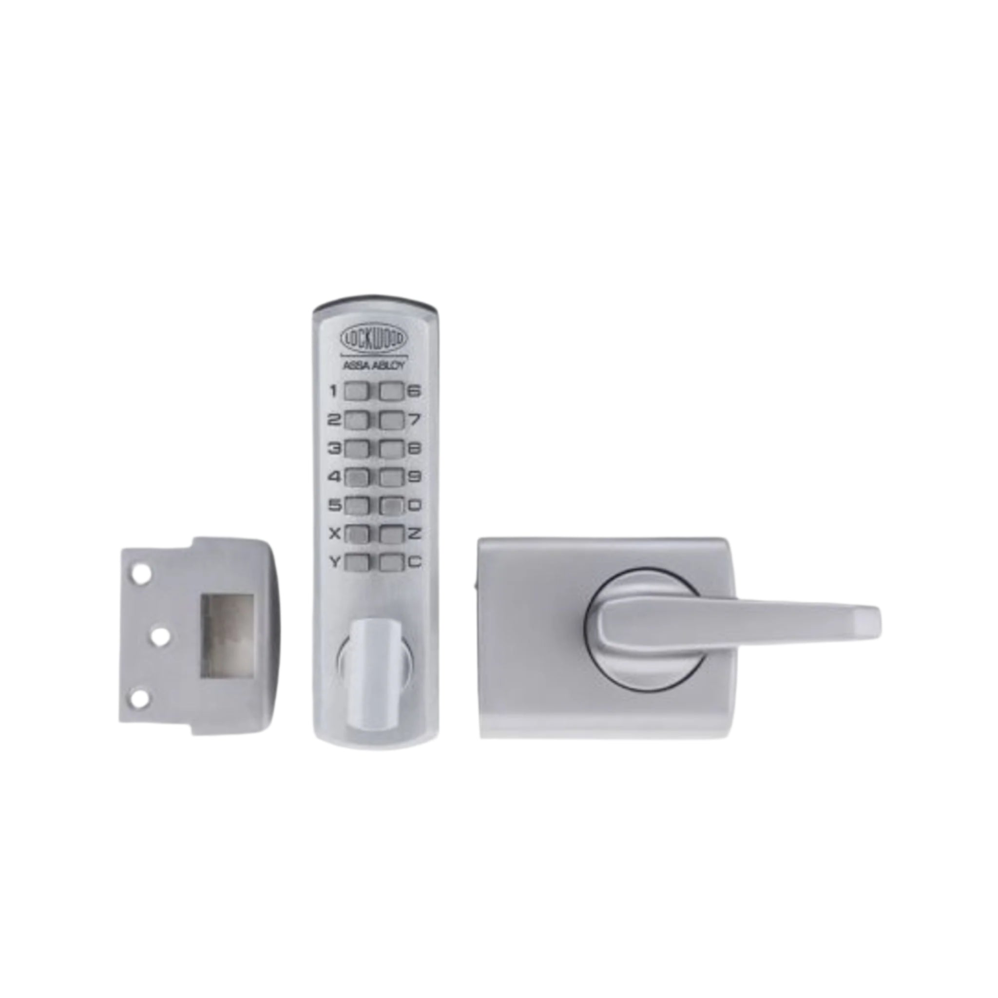 Set of electronic door lock components on a white background