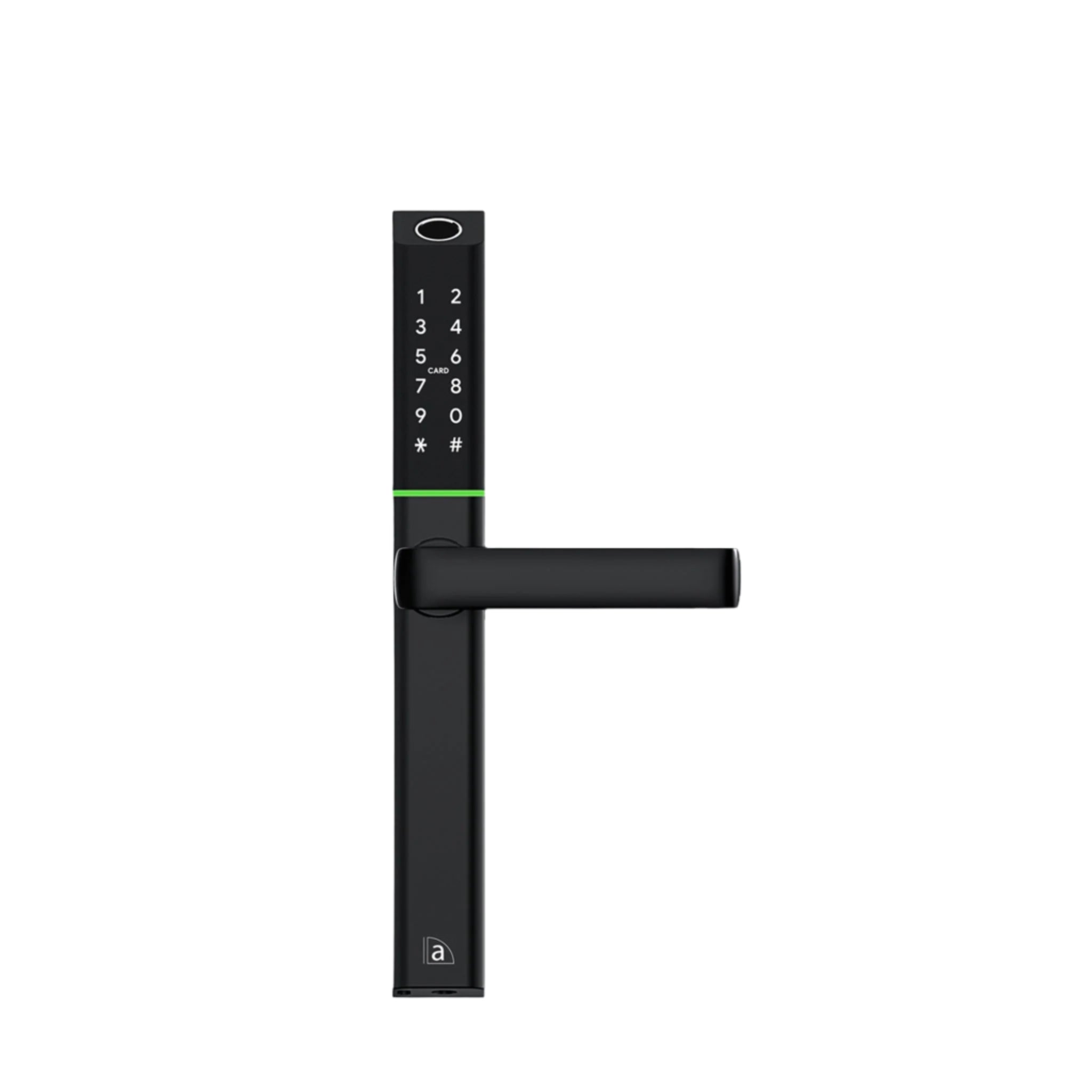 Black digital door handle with keypad on a white background