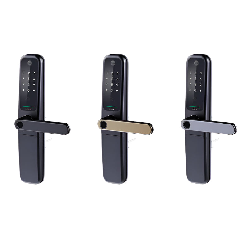 Three electronic door handles on a white background