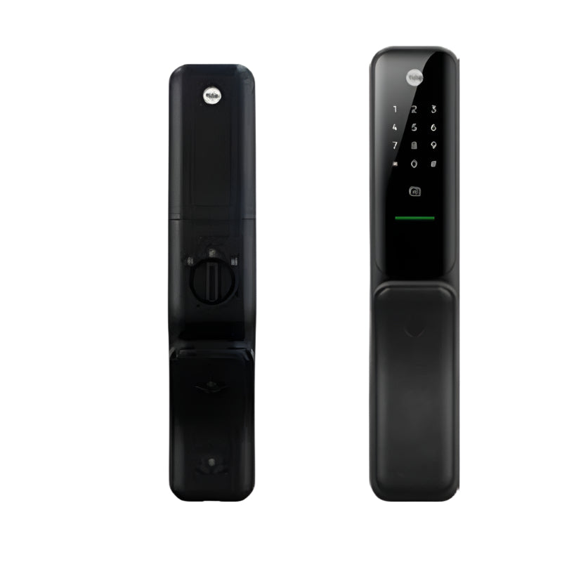 Black electronic door lock on a white background