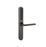 A matt black Stealth Smart Lock Longplate with a lever handle, electronic keypad, and a camera for fingerprint recognition.