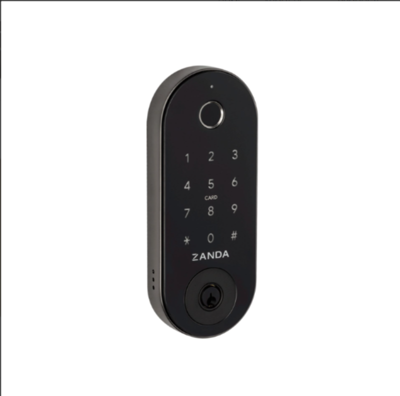 Black digital door lock with keypad on a white background