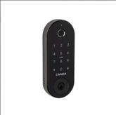 Black digital door lock with keypad on a white background
