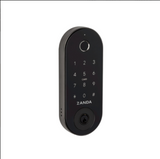 Black digital door lock with keypad on a white background