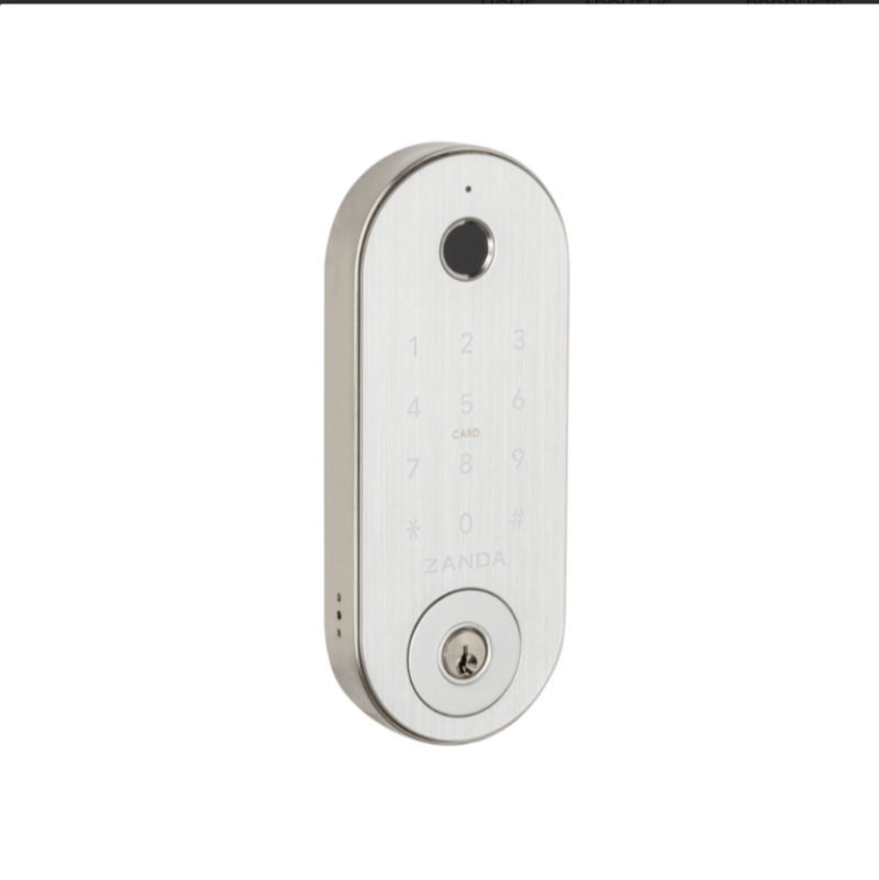 A smart lock deadbolt with a graphite nickel finish, featuring a digital keypad and a keyhole.