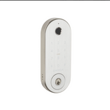 A smart lock deadbolt with a graphite nickel finish, featuring a digital keypad and a keyhole.