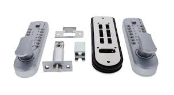 Set of door lock components including a deadbolt, latch, and handle on a white background