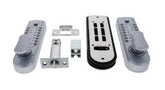 Set of door lock components including a deadbolt, latch, and handle on a white background