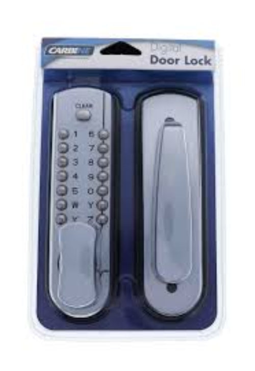 Electronic door lock set in its packaging on a white background