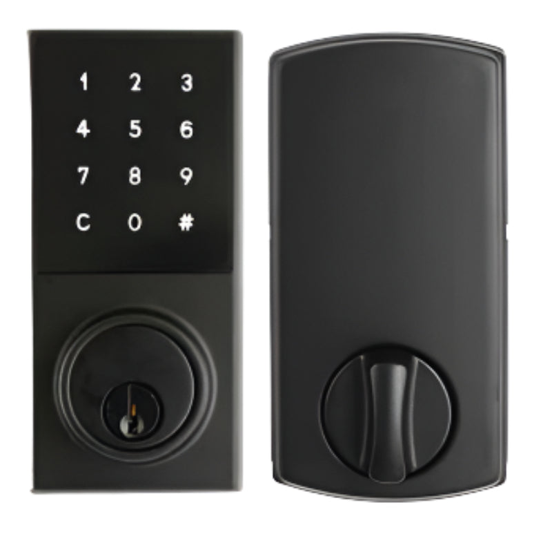 Black electronic door lock with keypad on a white background