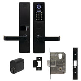 The image shows a black digital entrance smart lock with a touchscreen keypad, a key card, mechanical keys, and a mortice lock assembly.