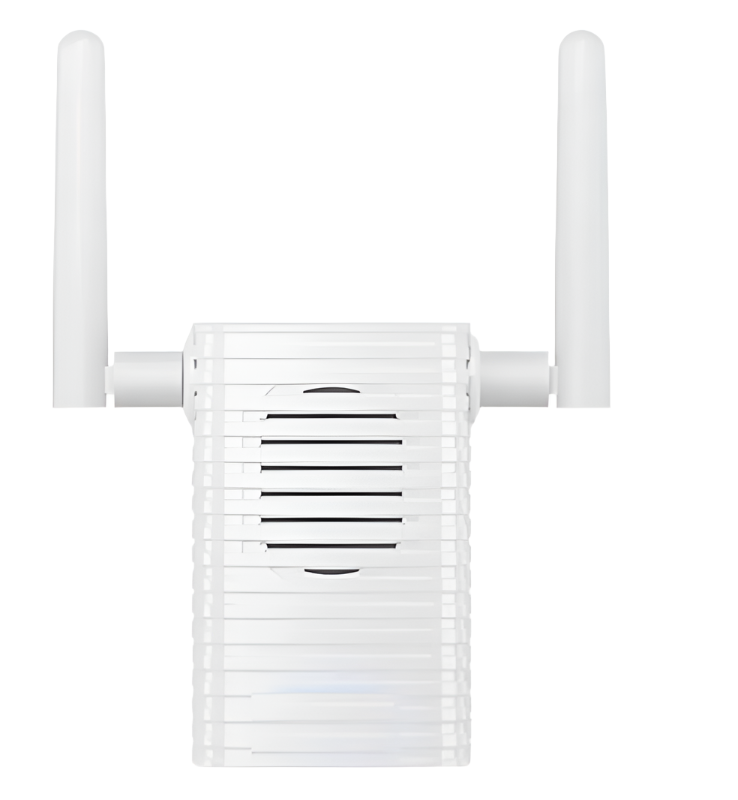 White wireless router extender with antennas on a white background