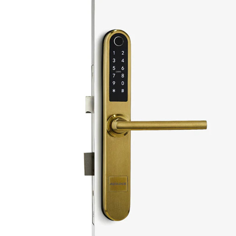 Gold digital door handle with keypad on a white door