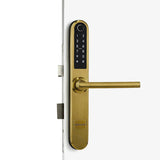 Gold digital door handle with keypad on a white door