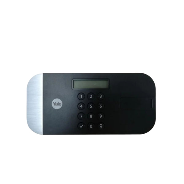 Black electronic keypad lock with Yale logo on a white background