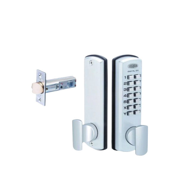 Digital door lock with keypad on a white background