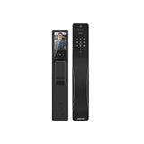 Black digital door lock with a display on a white background