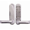 Silver electronic door handle with keypad on a white background