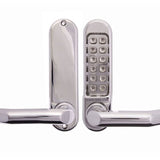 Silver electronic door handle with keypad on a white background