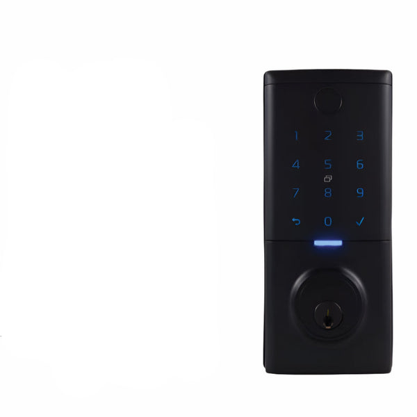 Gainsborough Mode Smart Deadbolt Black on a white background with product description text.