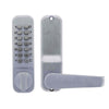 Digital door lock with keypad and handle on a white background