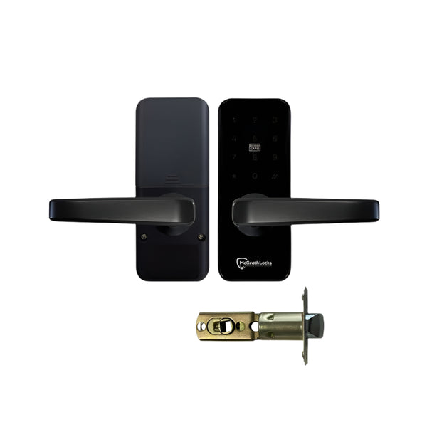 Black door handles with a digital lock mechanism on a white background