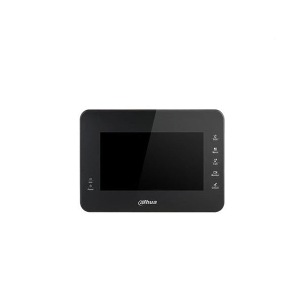 Black electronic device with screen and buttons on a white background, featuring the Dahua logo.