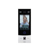 Video doorbell with a display showing a person's face on a white background