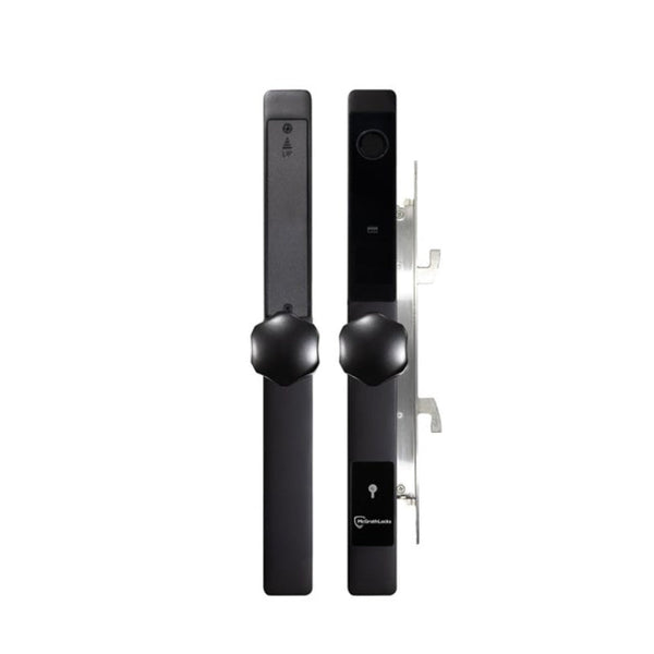 Black electronic door handle with lock on a white background