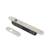 Metallic door handle assembly on a white background