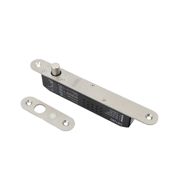 Metallic door handle assembly on a white background