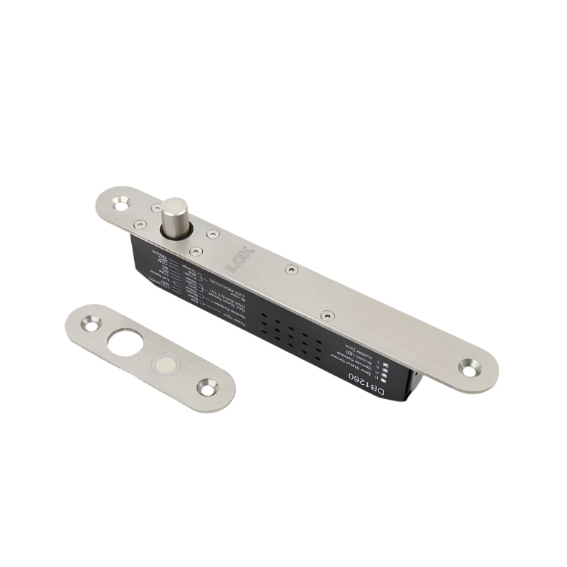 Metallic door handle assembly on a white background