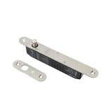 Metallic door handle assembly on a white background