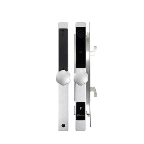 Digital door lock with electronic components on a white background