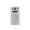 White intercom system panel with keypad and camera on a white background