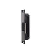 Black door handle with metallic finish on a white background