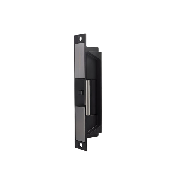 Black door handle with metallic finish on a white background