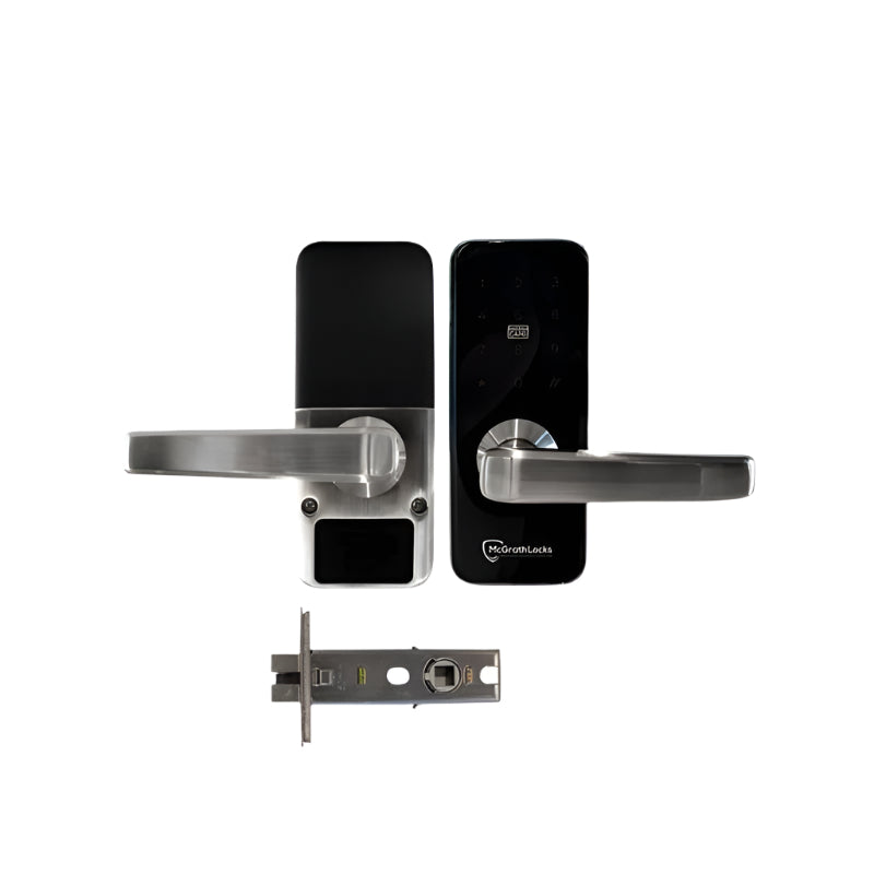 Black electronic door handle set with lock mechanism on a white background