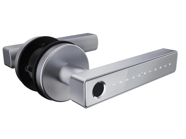 Modern door handle with electronic keypad on a white background